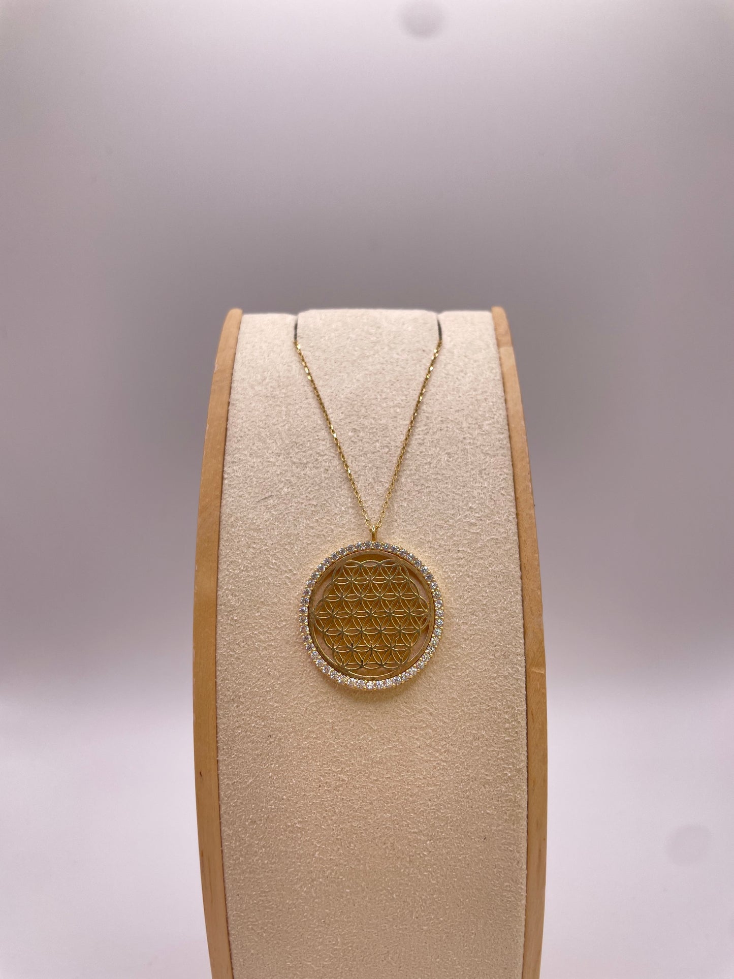 Goldkette mit Kreisanhänger und Steinrahmen